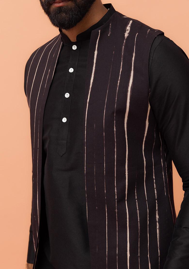 Black Printed Cotton Nehru Jacket Set For Men