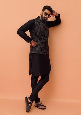 Black Embroidered Silk Nehru Jacket Set For Men