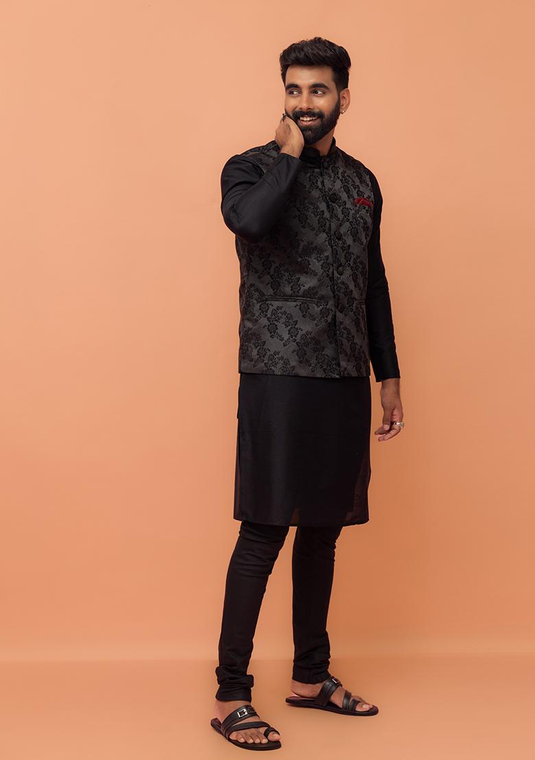 Black Embroidered Silk Nehru Jacket Set For Men