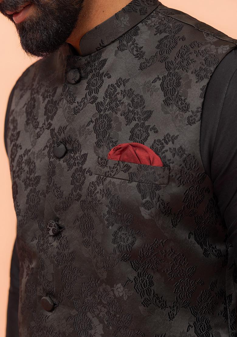 Black Embroidered Silk Nehru Jacket Set For Men
