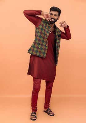 Multi Colour Printed Cotton Nehru Jacket Set For Men