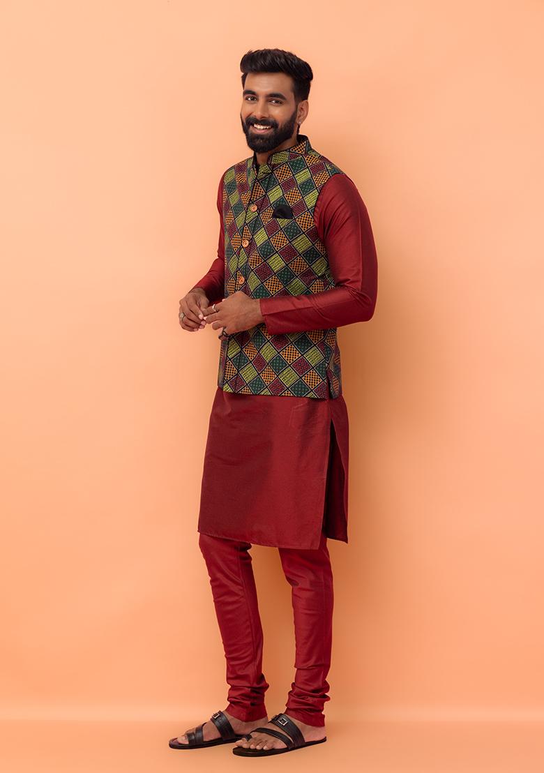 Multi Colour Printed Cotton Nehru Jacket Set For Men