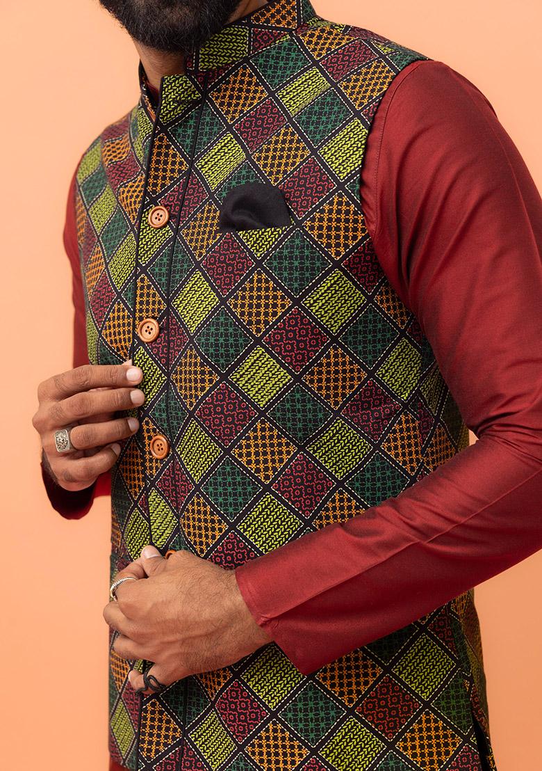 Multi Colour Printed Cotton Nehru Jacket Set For Men