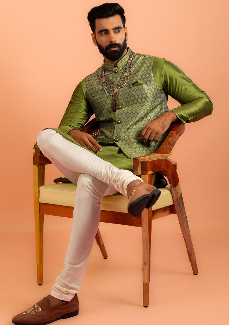 Green Embroidered Silk Nehru Jacket Set For Men