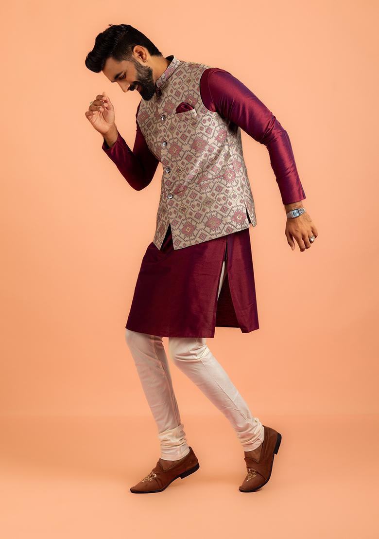 Grey Printed Cotton Nehru Jacket Set For Men