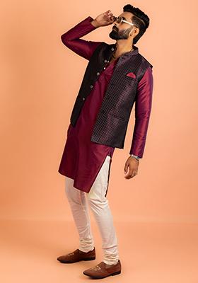 Purple Embroidered Silk Nehru Jacket Set For Men