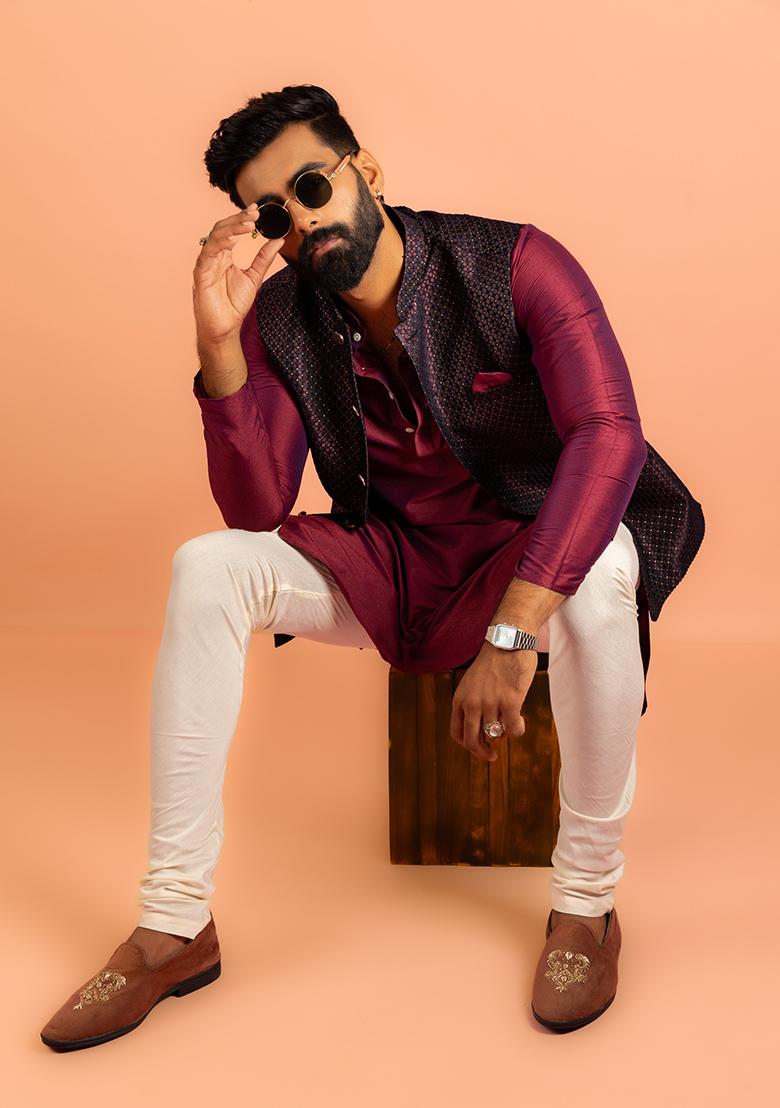 Purple Embroidered Silk Nehru Jacket Set For Men