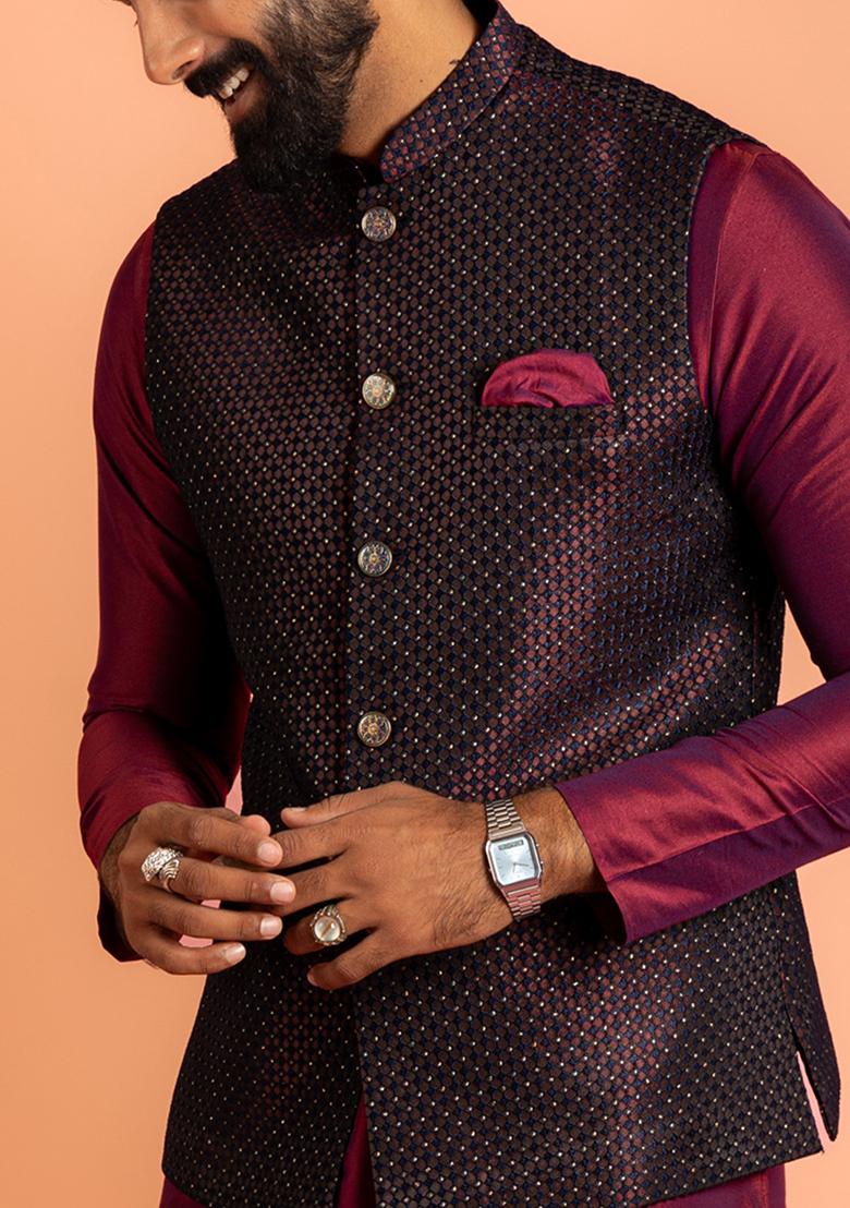 Purple Embroidered Silk Nehru Jacket Set For Men