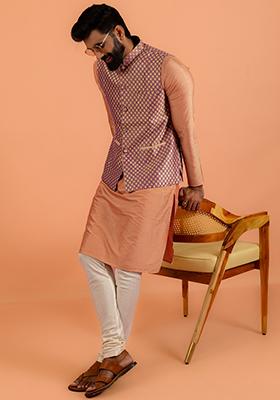 Purple Embroidered Silk Nehru Jacket Set For Men