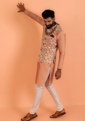 Multi Colour Printed Cotton Nehru Jacket Set For Men