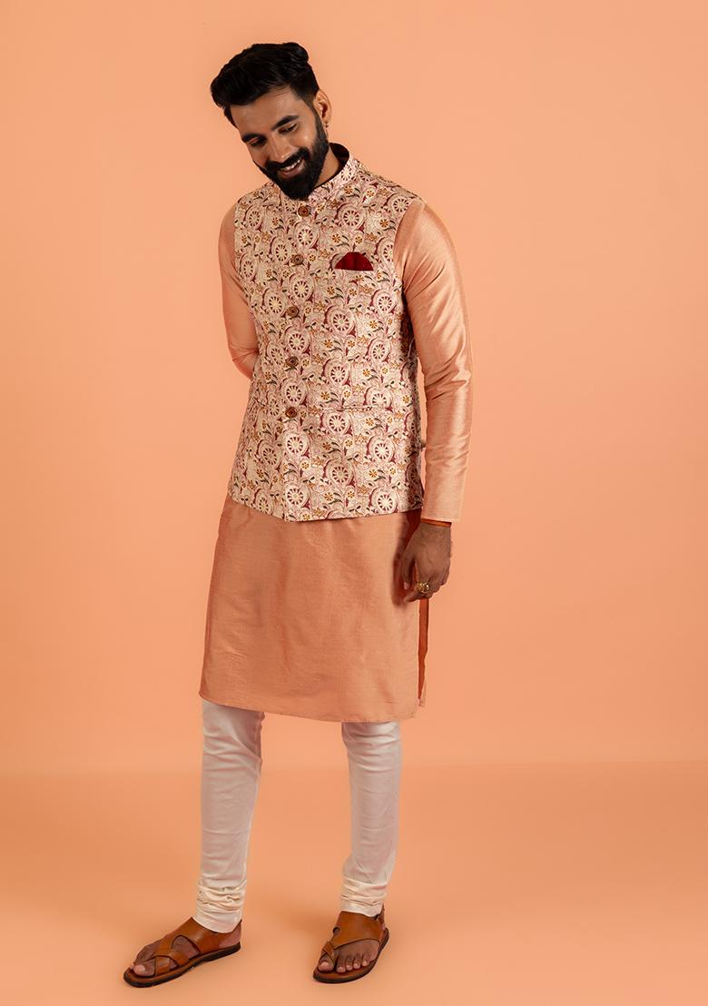 Multi Colour Printed Cotton Nehru Jacket Set For Men