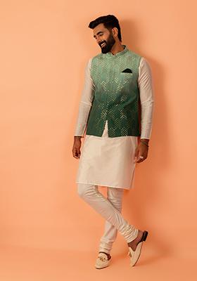 Green Embroidered Cotton Nehru Jacket Set For Men