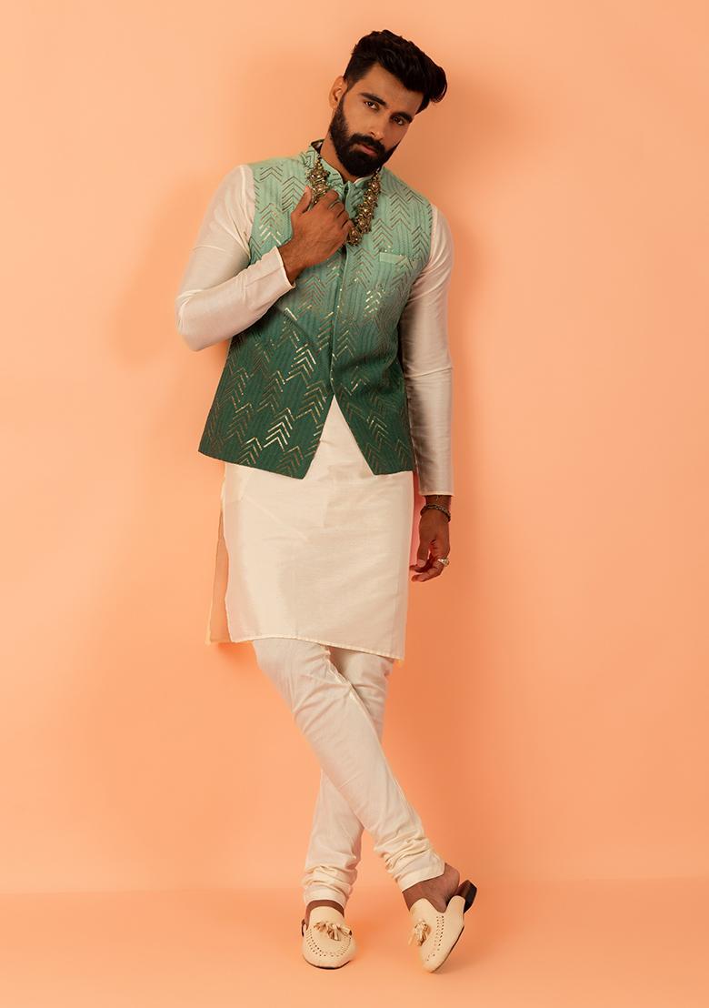 Green Embroidered Cotton Nehru Jacket Set For Men
