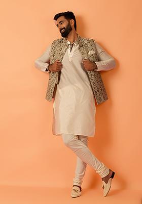 Green Embroidered Silk Nehru Jacket Set For Men