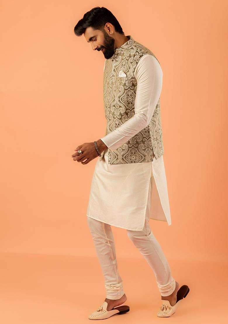 Green Embroidered Silk Nehru Jacket Set For Men