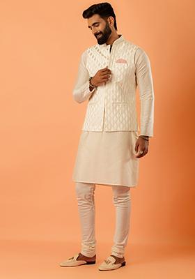 White Embroidered Silk Nehru Jacket Set For Men