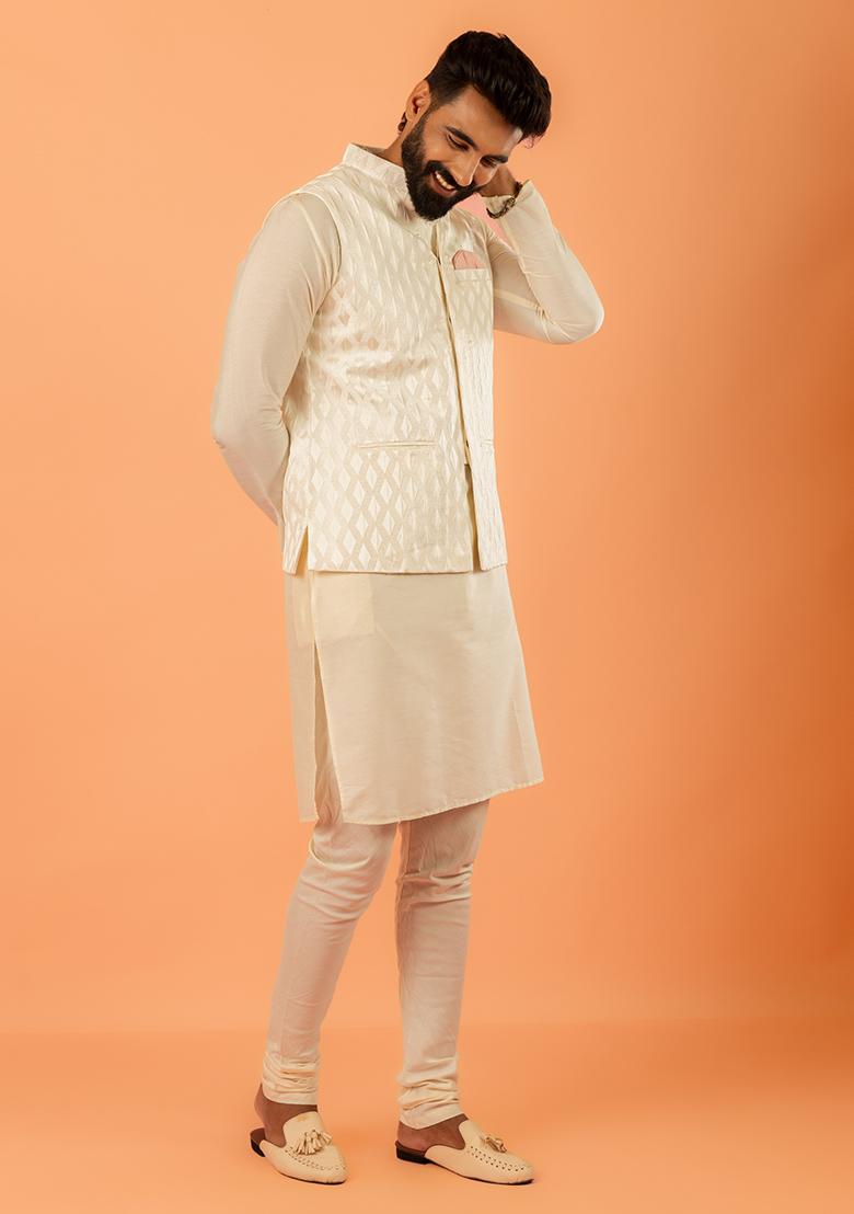 White Embroidered Silk Nehru Jacket Set For Men