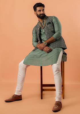 Green Embroidered Silk Nehru Jacket Set For Men
