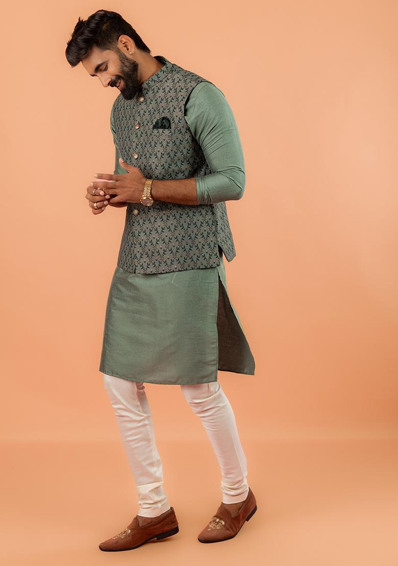 Green Embroidered Silk Nehru Jacket Set For Men