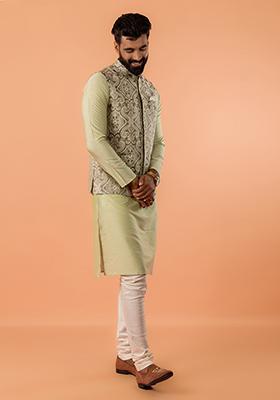 Green Embroidered Silk Nehru Jacket Set For Men