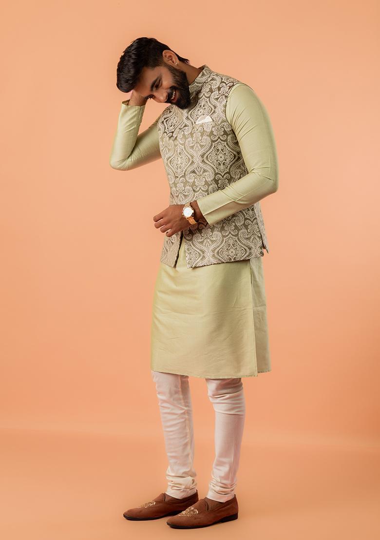 Green Embroidered Silk Nehru Jacket Set For Men