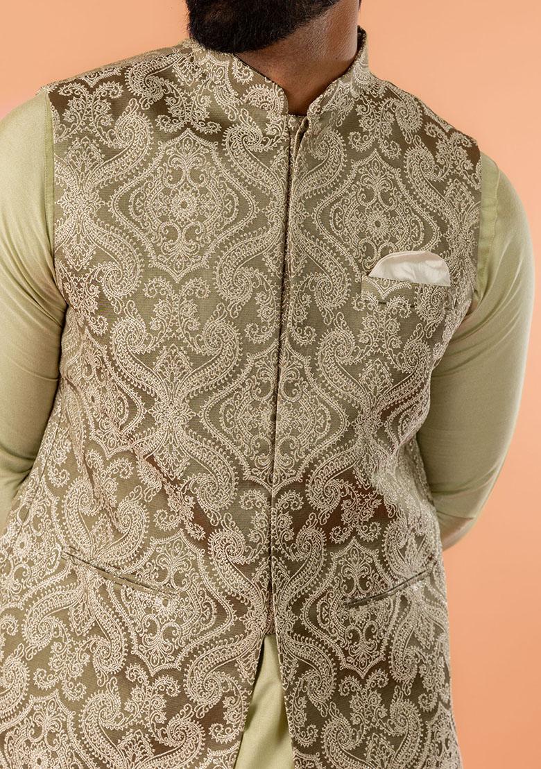 Green Embroidered Silk Nehru Jacket Set For Men