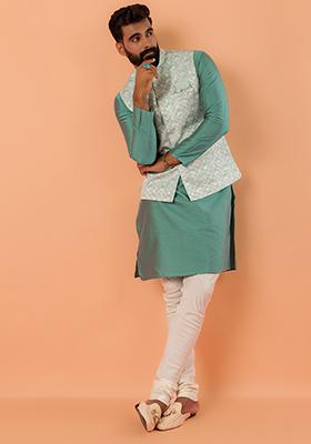 Green Embroidered Satin Nehru Jacket Set For Men