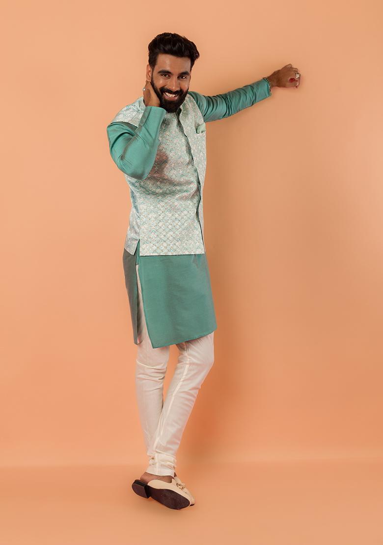 Green Embroidered Satin Nehru Jacket Set For Men