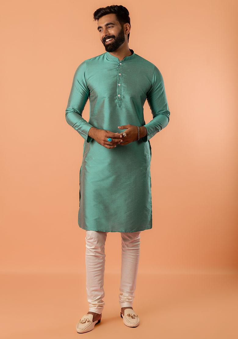 Green Embroidered Satin Nehru Jacket Set For Men