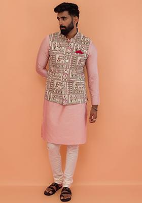Multi Colour Printed Cotton Nehru Jacket Set For Men