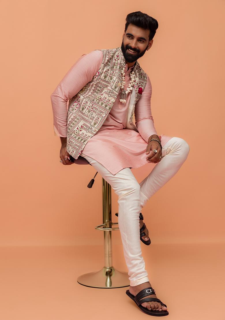 Multi Colour Printed Cotton Nehru Jacket Set For Men