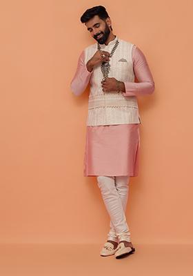 Beige Printed Cotton Nehru Jacket Set For Men