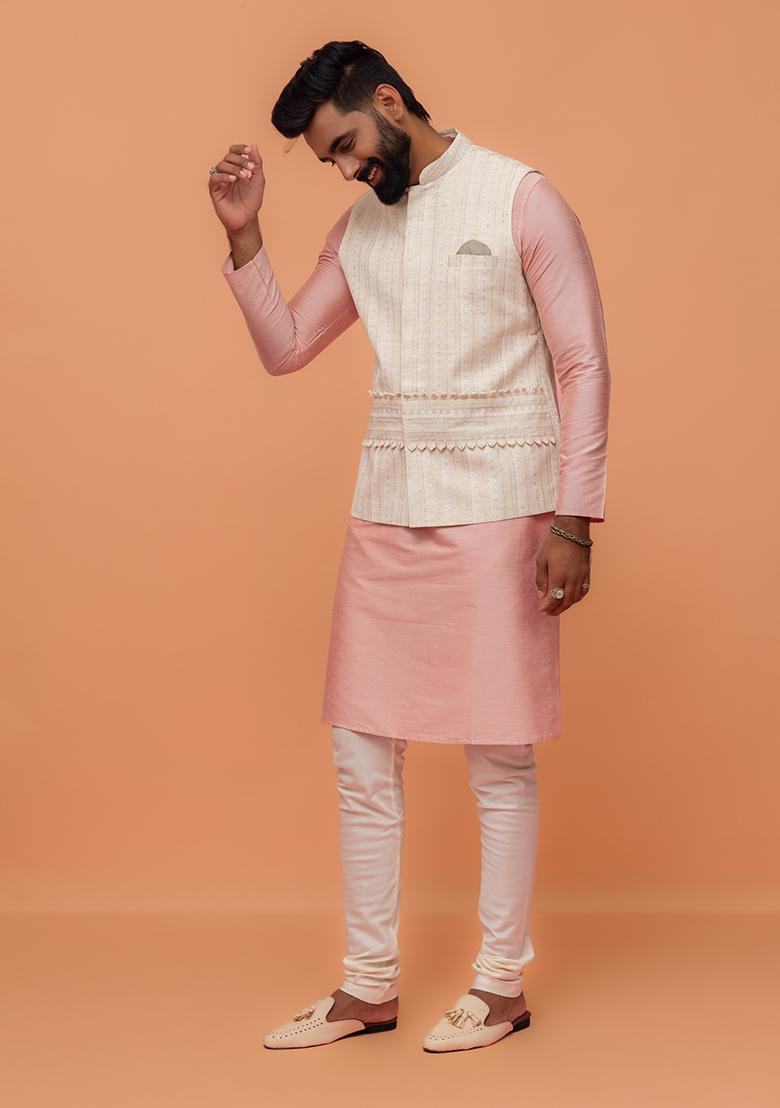 Beige Printed Cotton Nehru Jacket Set For Men