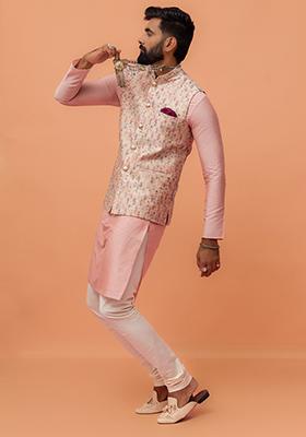 Multi Colour Embroidered Silk Nehru Jacket Set For Men