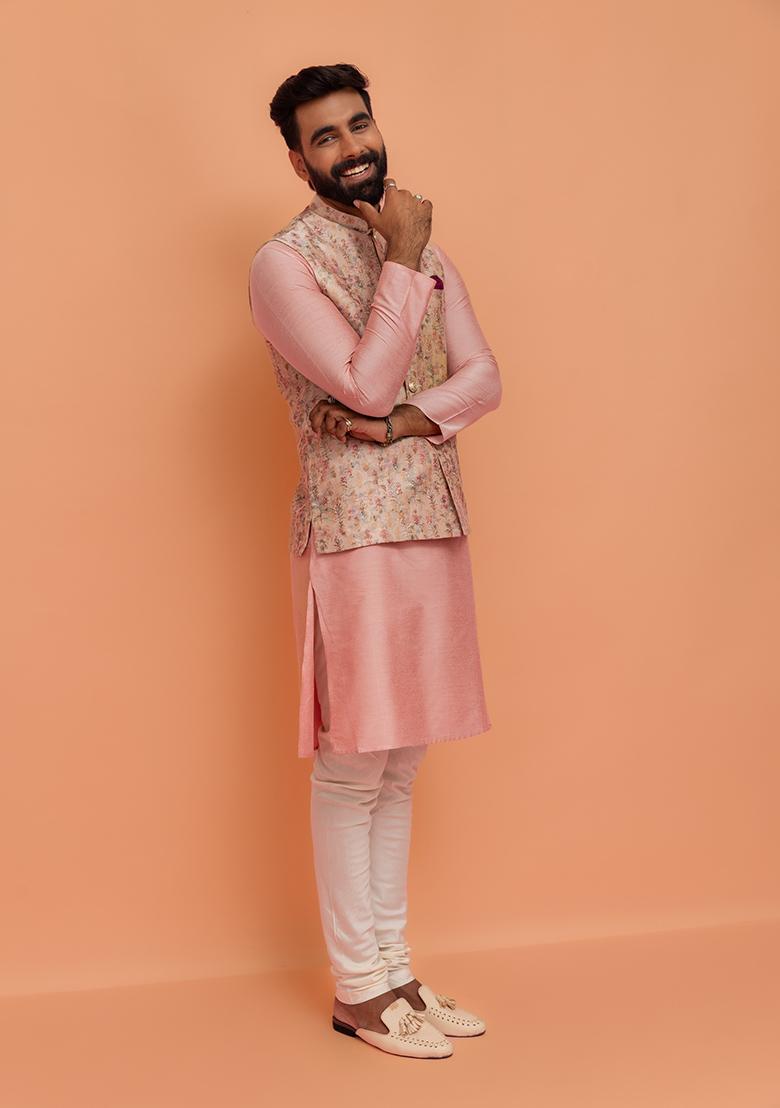 Multi Colour Embroidered Silk Nehru Jacket Set For Men