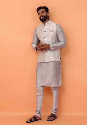 Grey Embroidered Silk Nehru Jacket Set For Men