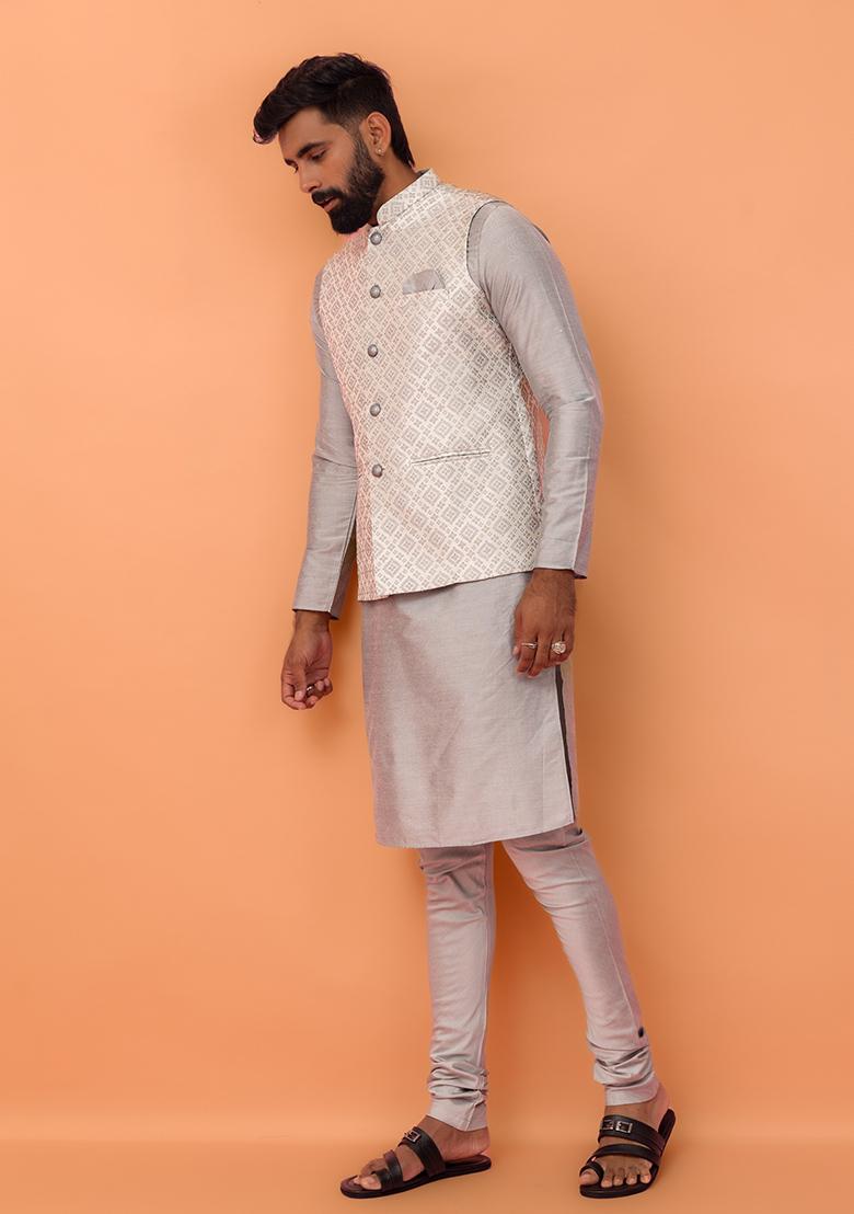 Grey Embroidered Silk Nehru Jacket Set For Men