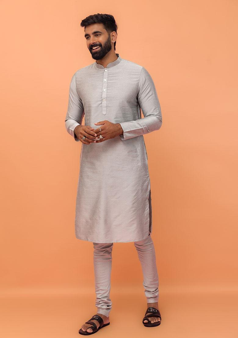 Grey Embroidered Silk Nehru Jacket Set For Men