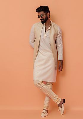 Beige Embroidered Silk Nehru Jacket Set For Men