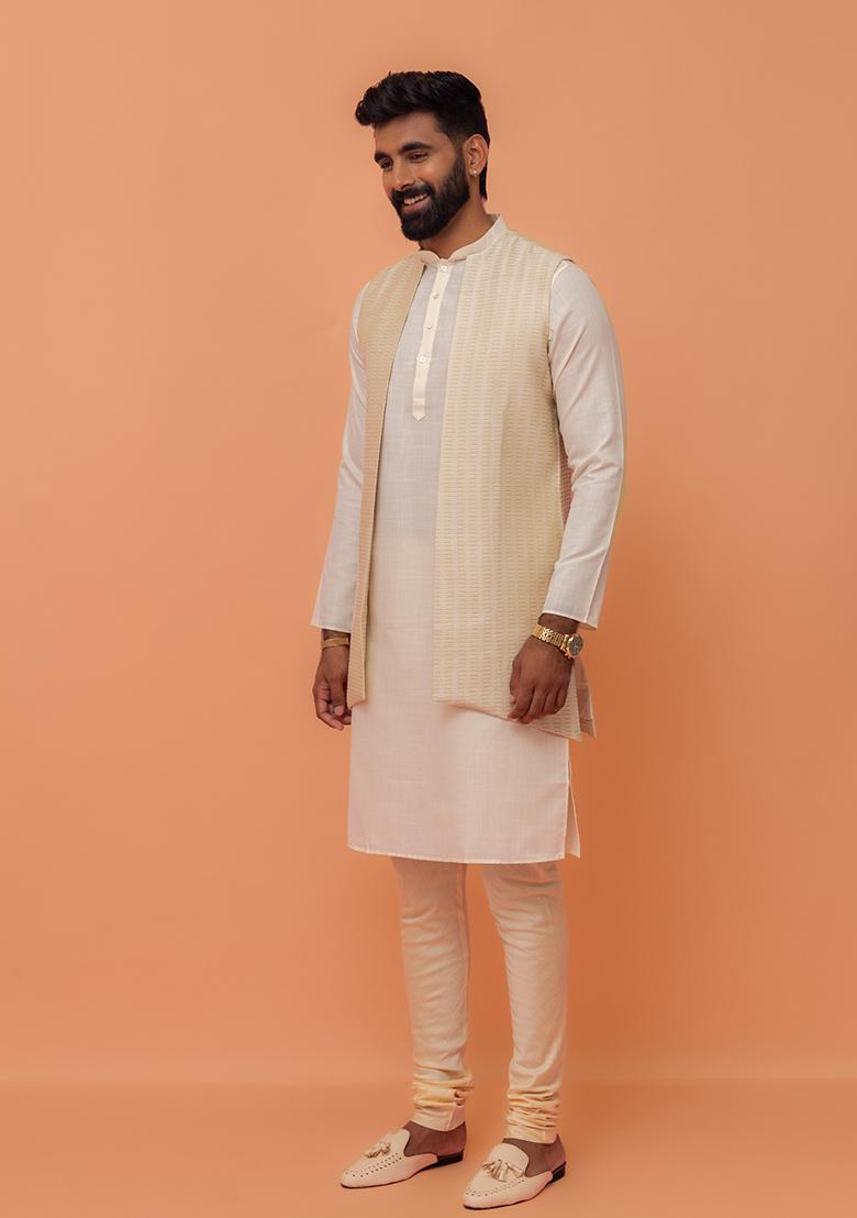 Beige Embroidered Silk Nehru Jacket Set For Men
