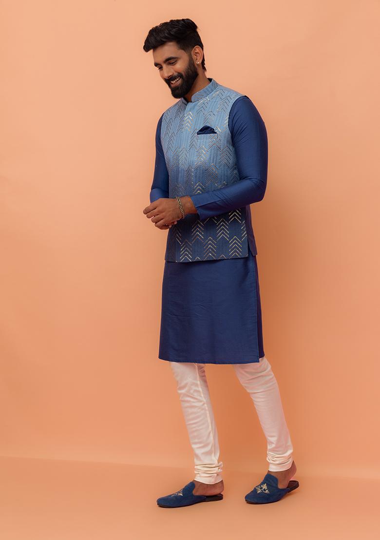 Blue Embroidered Cotton Nehru Jacket Set For Men