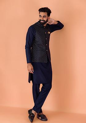 Navy Blue Embroidered Silk Nehru Jacket Set For Men