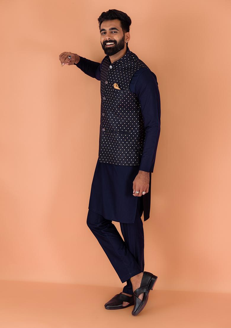 Navy Blue Embroidered Silk Nehru Jacket Set For Men