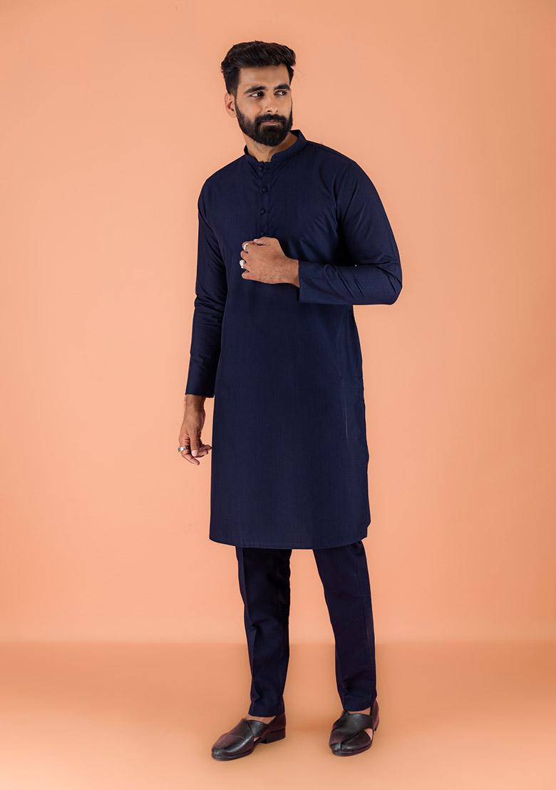 Navy Blue Embroidered Silk Nehru Jacket Set For Men