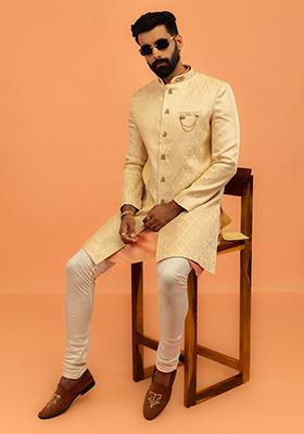 Cream Embroidered Silk Indo Western Sherwani Set For Men