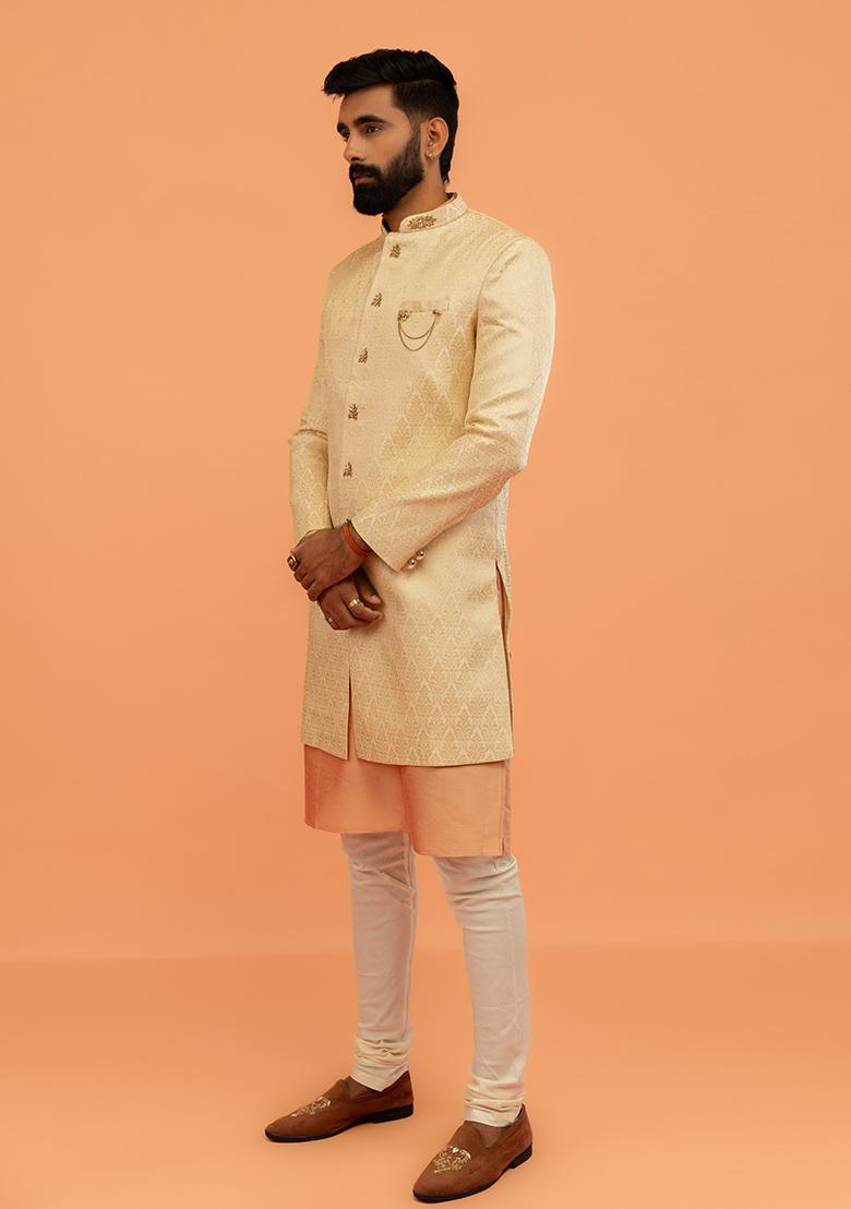Cream Embroidered Silk Indo Western Sherwani Set For Men