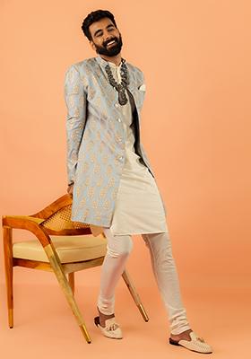 Blue Foil Print Cotton Indo Western Sherwani Set For Men