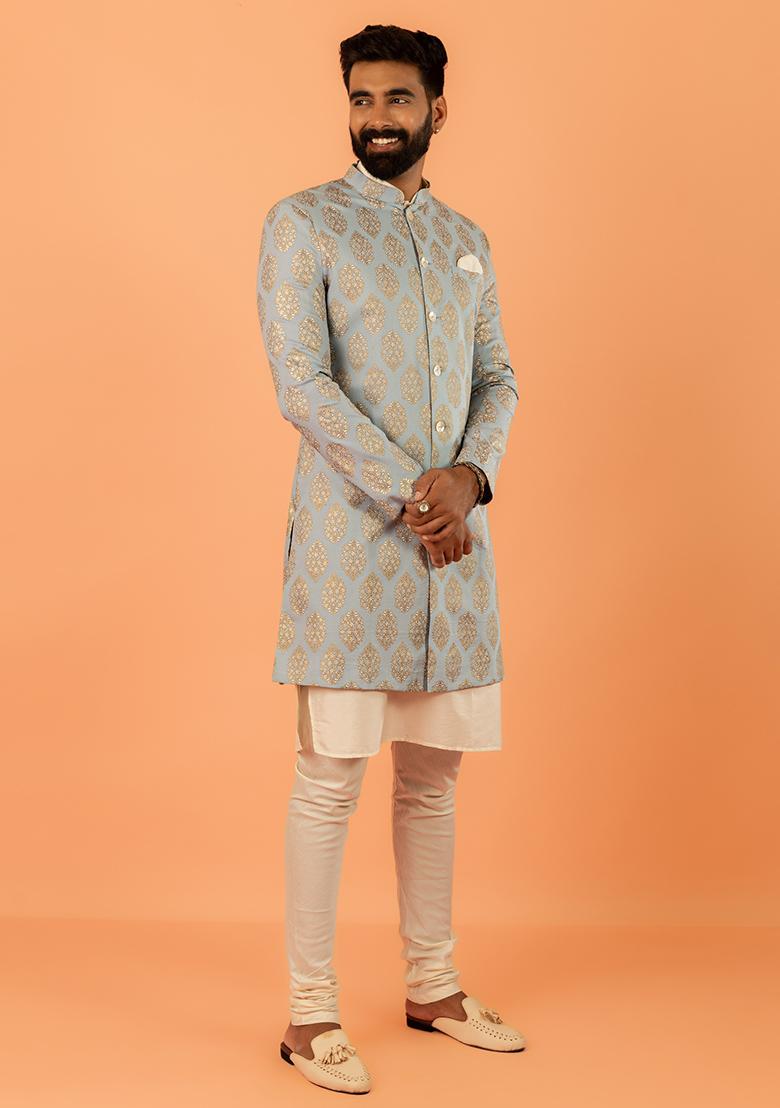 Blue Foil Print Cotton Indo Western Sherwani Set For Men