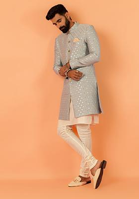 Blue Embroidered Silk Indo Western Sherwani Set For Men
