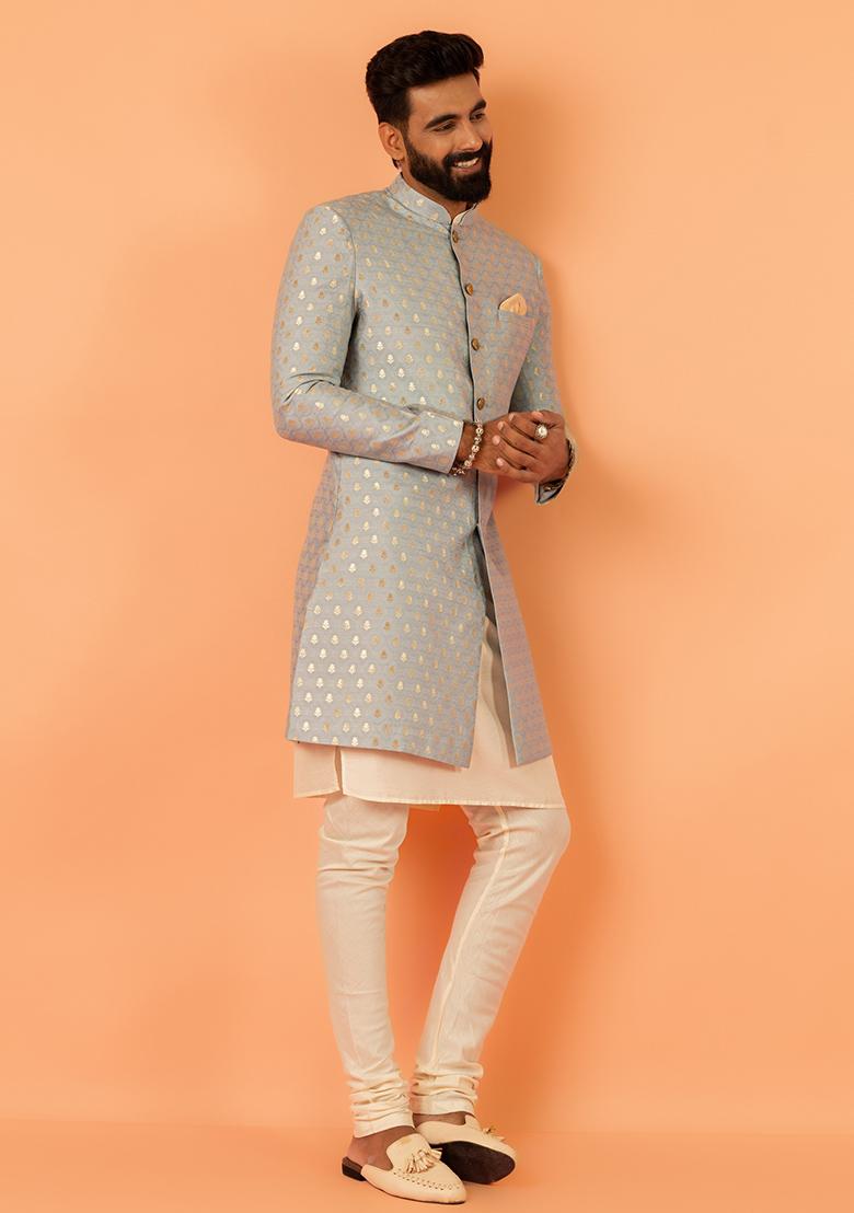 Blue Embroidered Silk Indo Western Sherwani Set For Men